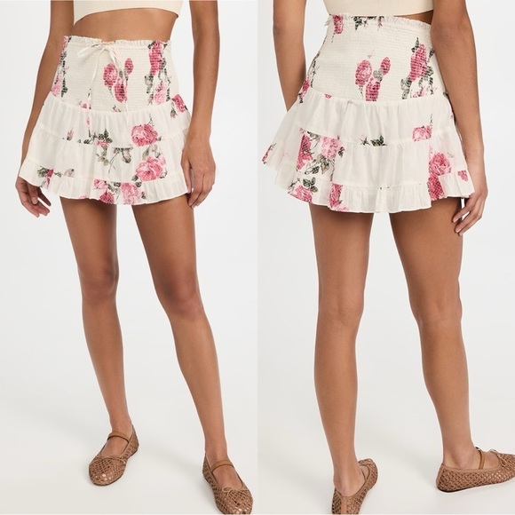 LOVESHACKFANCY Floral Swiss Dot Print Smocked High Waist Tiered Ruffle Skirt L - Picture 9 of 15